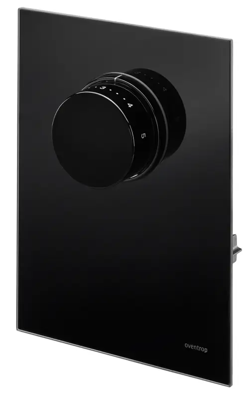 Schwarze Oventrop Abdeckung mit Thermostat aus Echtglas.